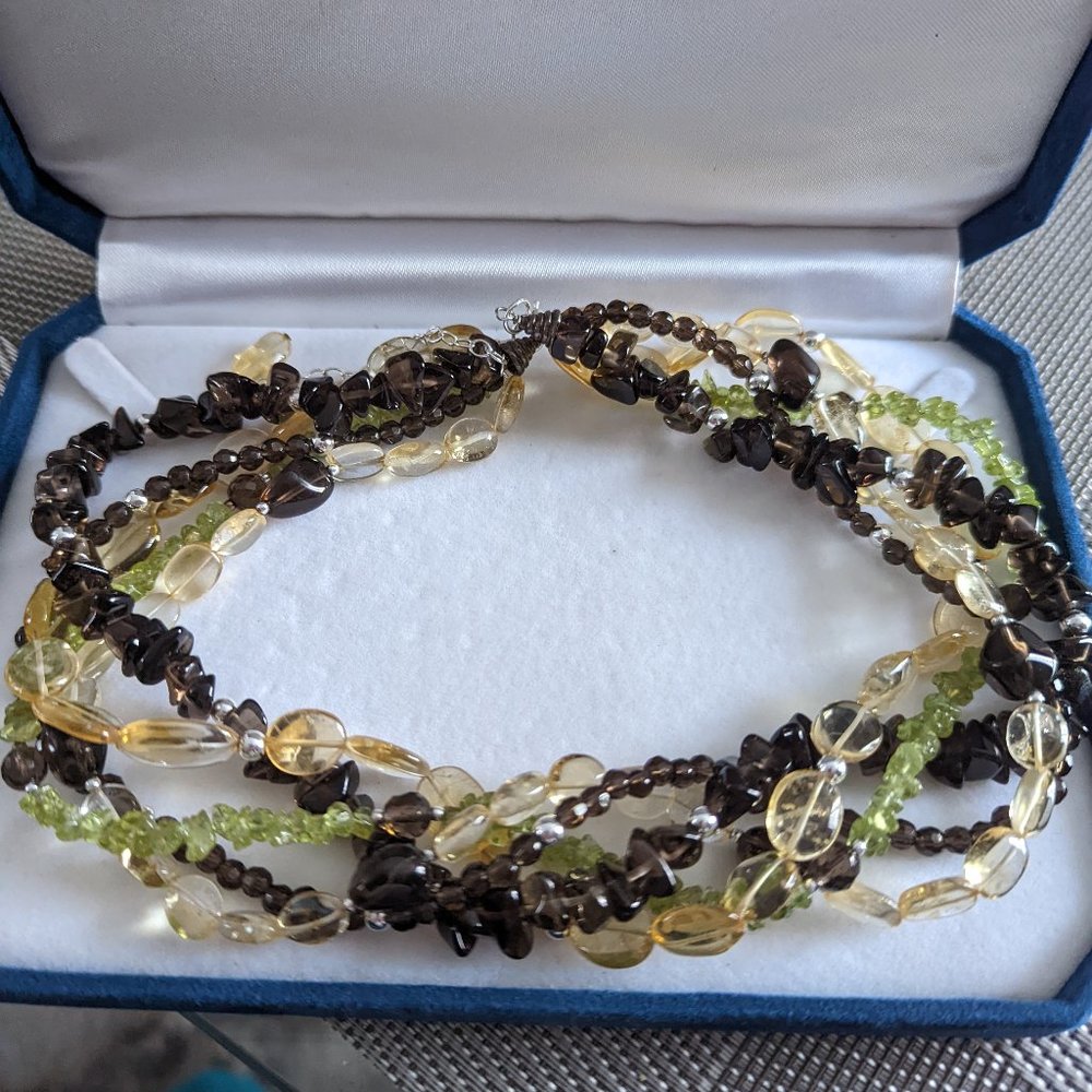 5 strand semi-precious stone bead necklace in green, cream and smokey quartz